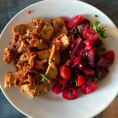 A picture of Gochujang Chicken with Beetroot Salad.
