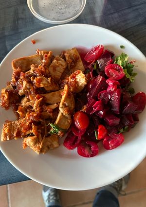 A picture of Gochujang Chicken with Beetroot Salad.
