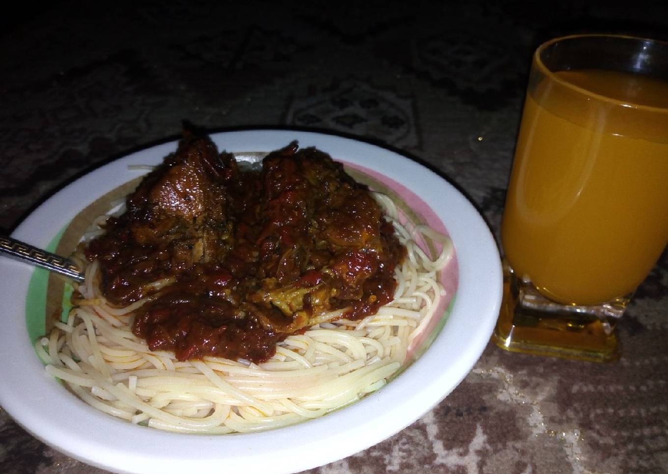 Spag with chicken sauce and orange tiara