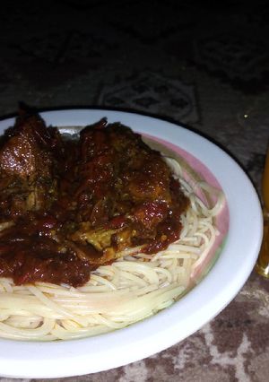 A picture of Spag with chicken sauce and orange tiara.