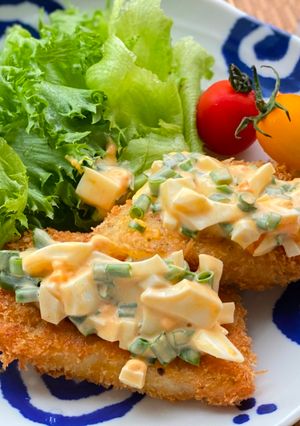 A picture of Fried Sole with Boiled Egg Mayo Sauce.