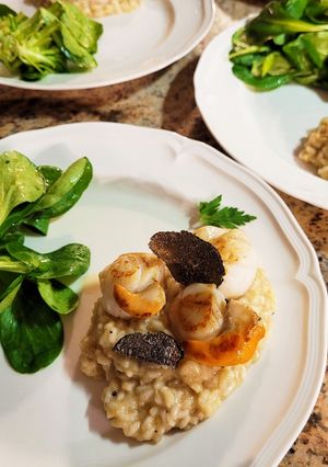 Une photo de Risotto à la truffe noire, Saint Jacques poêlées