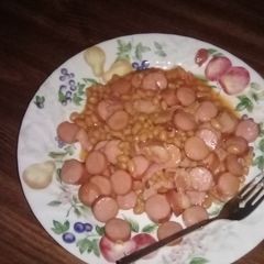 A picture of Dogs and beans with bacon 🥓.