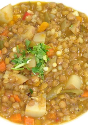 A picture of Lentils with Hominy and Vegetables.
