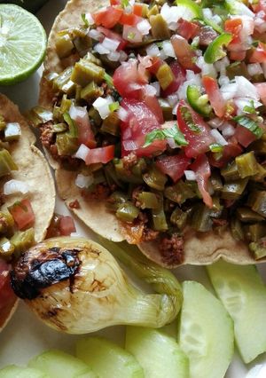 A picture of Corn Tostadas with Nopalitos and Chorizo.