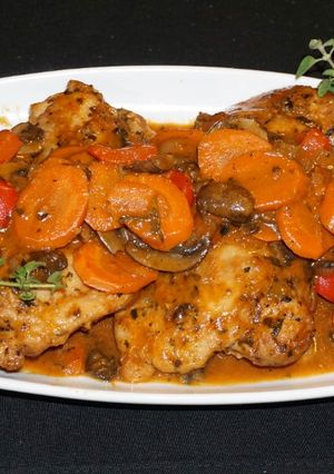 A picture of Beer-Braised Chicken Thighs with Mushrooms.