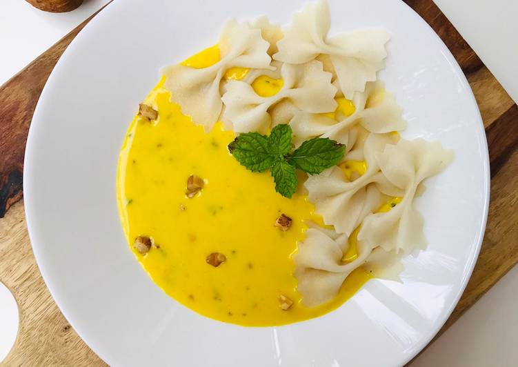 Recipe of Quick Fresh farfalle(bow-tie/butterfly) pasta with roasted yellow pepper alfredo sauce