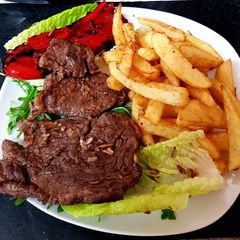 A picture of My Rib eye Steak Roasted Pepper & Chips.