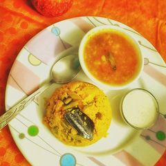 A picture of Mini Vrat Thali(Sama pulao, sweetpotato curry and peanut Chutney.