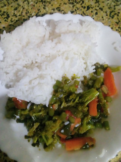 A picture of Fried vegetables served with rice.
