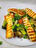 Broccoli Carrot Mushroom Salad with Halloumi Cheese