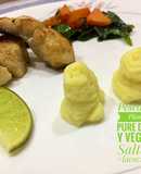 Tiras de Pescado al Limón con Puré de Papas y Espinacas Salteadas