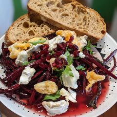 A picture of Zesty warm Beetroot, goats cheese salad #lunch.