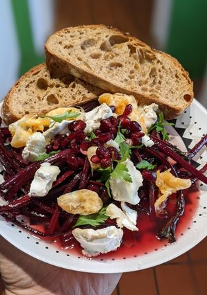 A picture of Zesty warm Beetroot, goats cheese salad #lunch.
