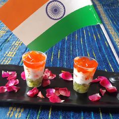 A picture of Tri-colour fruit vanilla pudding.