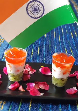 A picture of Tri-colour fruit vanilla pudding.