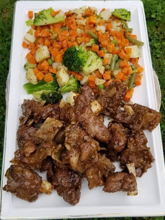 A picture of Black pepper mutton with stir fried veggies.