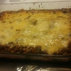 A picture of Veggie and meat lasagna.