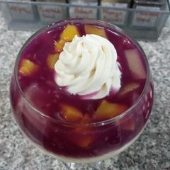 A picture of Mango mousse and Raspberry jelly dessert.
