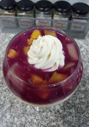 A picture of Mango mousse and Raspberry jelly dessert.