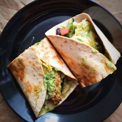 A picture of Avocado Fries Tacos with Chili-Avocado-Lime Dressing.