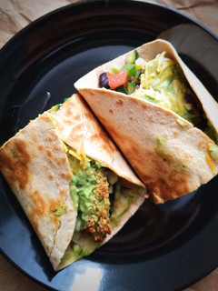 A picture of Avocado Fries Tacos with Chili-Avocado-Lime Dressing.