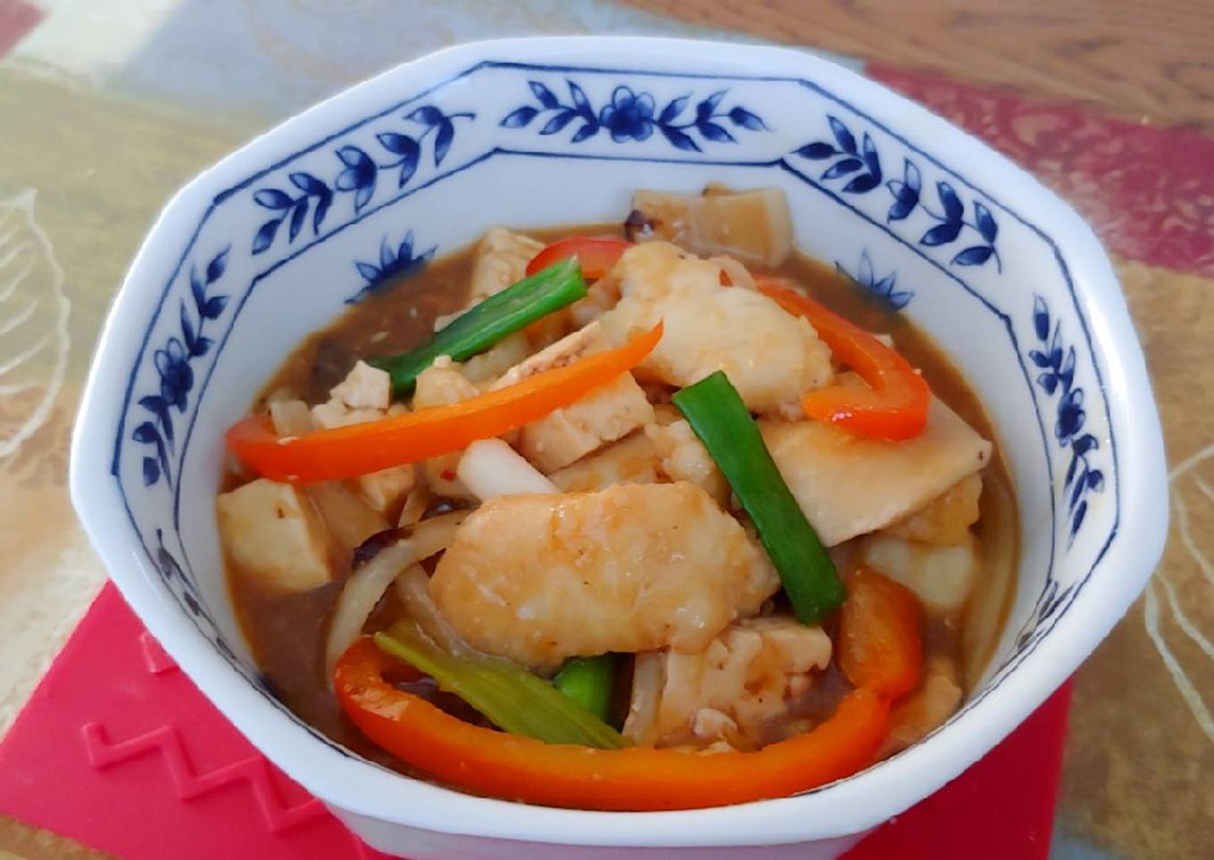 Solefish-Tofu-King Oyster Mushroom Stirfry in Black Bean Sauce