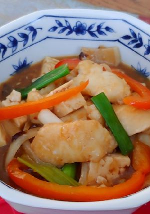Foto resep Solefish-Tofu-King Oyster Mushroom Stirfry in Black Bean Sauce