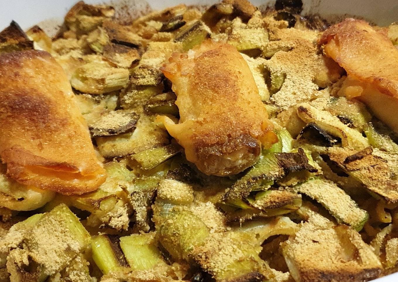 Gratin de pâte/ poireaux et saumon fumé