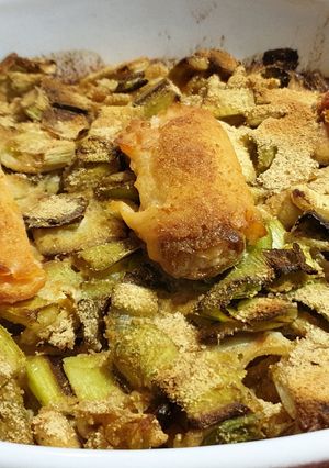 Une photo de Gratin de pâte/ poireaux et saumon fumé