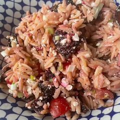 A picture of Roasted beetroot, feta and orzo salad.