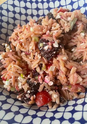 A picture of Roasted beetroot, feta and orzo salad.