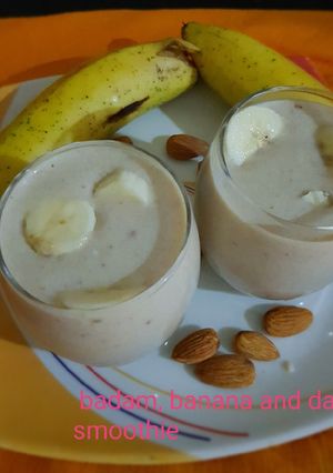ખાંડ ફ્રી બદામ, કેળા, અને ખજુર સ્મુધી(badam smoothie recipe in gujarati) રેસીપી મુખ્ય ફોટો