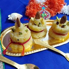 A picture of Moong daal coconut kalash halwa.