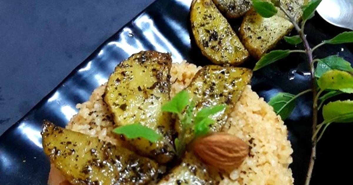 Daliya couscous with curry leaf pesto crusted potatoes Recipe by