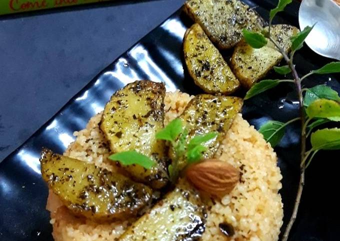 Daliya couscous with curry leaf pesto crusted potatoes