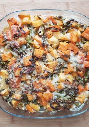 A picture of Sweet potato, Swede and spring greens gratin.