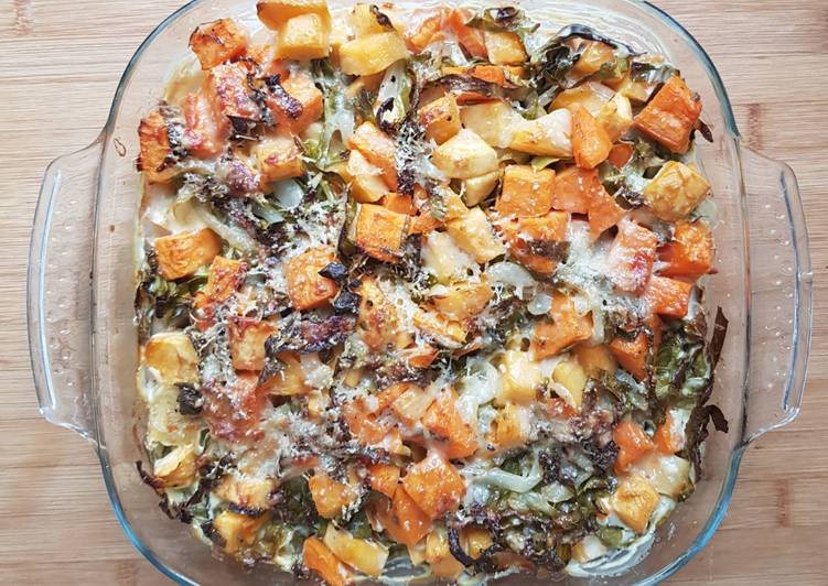 Steps to Make Perfect Sweet potato, Swede and spring greens gratin