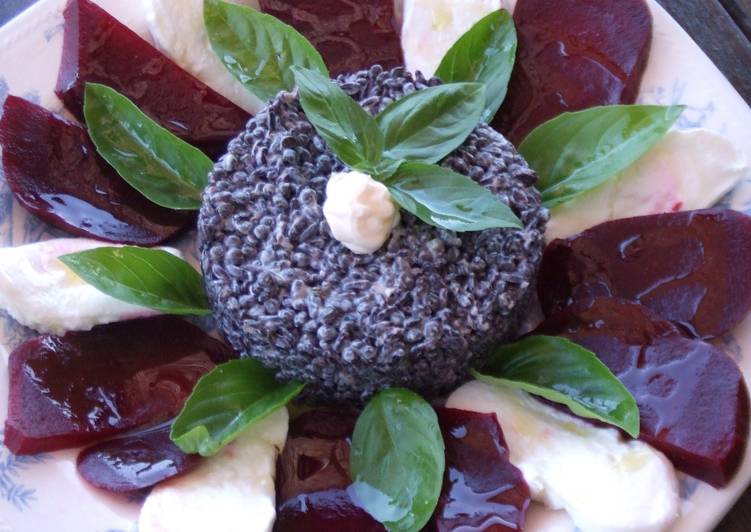 Arroz negro y lentejas caviar en ensalada con mayonesa de albahaca