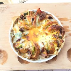 A picture of Ham And Sun Dried Tomato With Basil Bread Pizza Top Spicy Brown Butter.