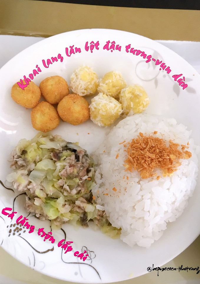 Hình của món Ăn dặm: cá mình trắng trộn rau- viên khoai lang.