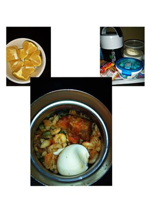 A picture of Macaroni with veggies and egg.