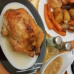 A picture of Roast Chicken n' Vegetables with Mushroom gravy.