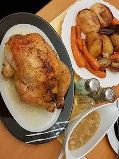 A picture of Roast Chicken n' Vegetables with Mushroom gravy.