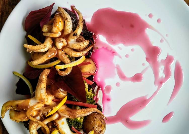 Roasted Squid Tentacles with Purple Spinach Based Sauce