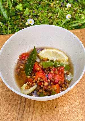 A picture of Greek Fakes Soupa - lentil and summer veggie soup 🌱.