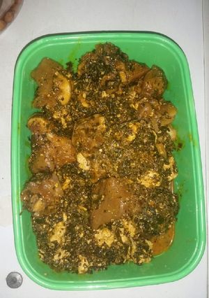 A picture of Egusi(Melon)Soup with Cow leg.