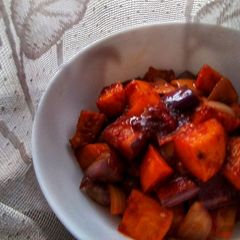 Potato and Eggplant in Red Sauce and Sweet Soy Sauce A picture of Potato and Eggplant in Red Sauce and Sweet Soy Sauce.