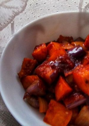 A picture of Potato and Eggplant in Red Sauce and Sweet Soy Sauce.