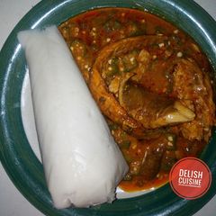 A picture of Okro soup and Agidi (Corn Jellos).